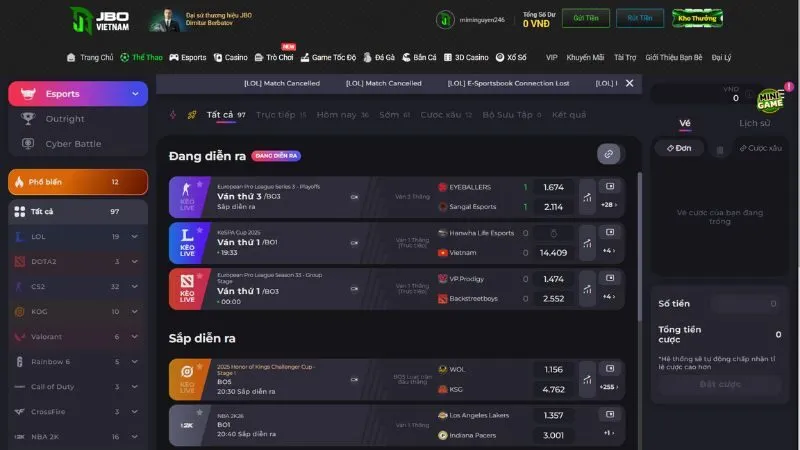 Sảnh cá cược Esports hiện đại tại JBO
