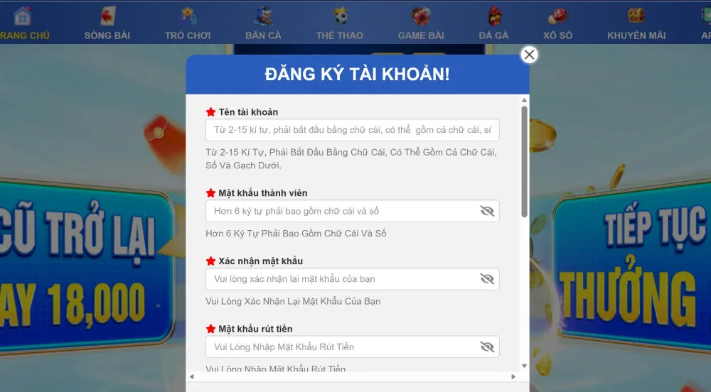 Điền thông tin chi tiết và đầy đủ để tham gia 23Win